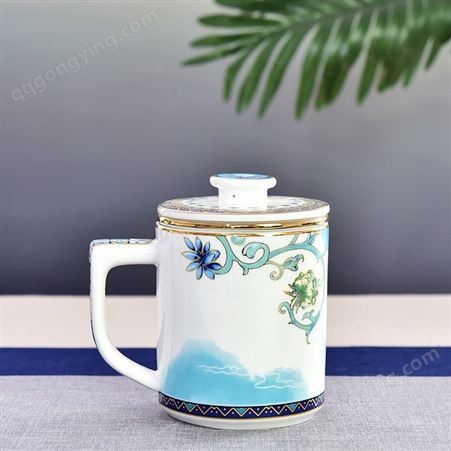 创意骨瓷茶水杯 办公室会议杯子 骨瓷茶漏盖杯 可定制图案