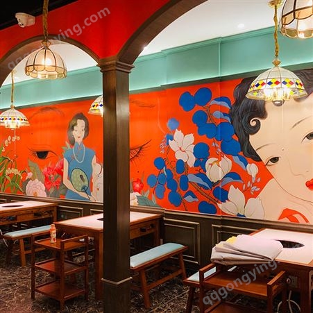 餐饮店手绘墙 墙体壁画装饰画绘制 原创设计会有时文化