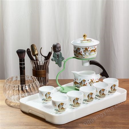 虎虎生威德化白瓷功夫茶具套装家用 陶瓷泡茶器懒人自动盖碗